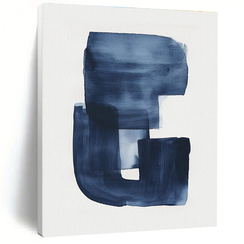 “Indigo Brushstroke Monogram” - Indigo, White Abstract Calligraphic Painting On Canvas PS0749