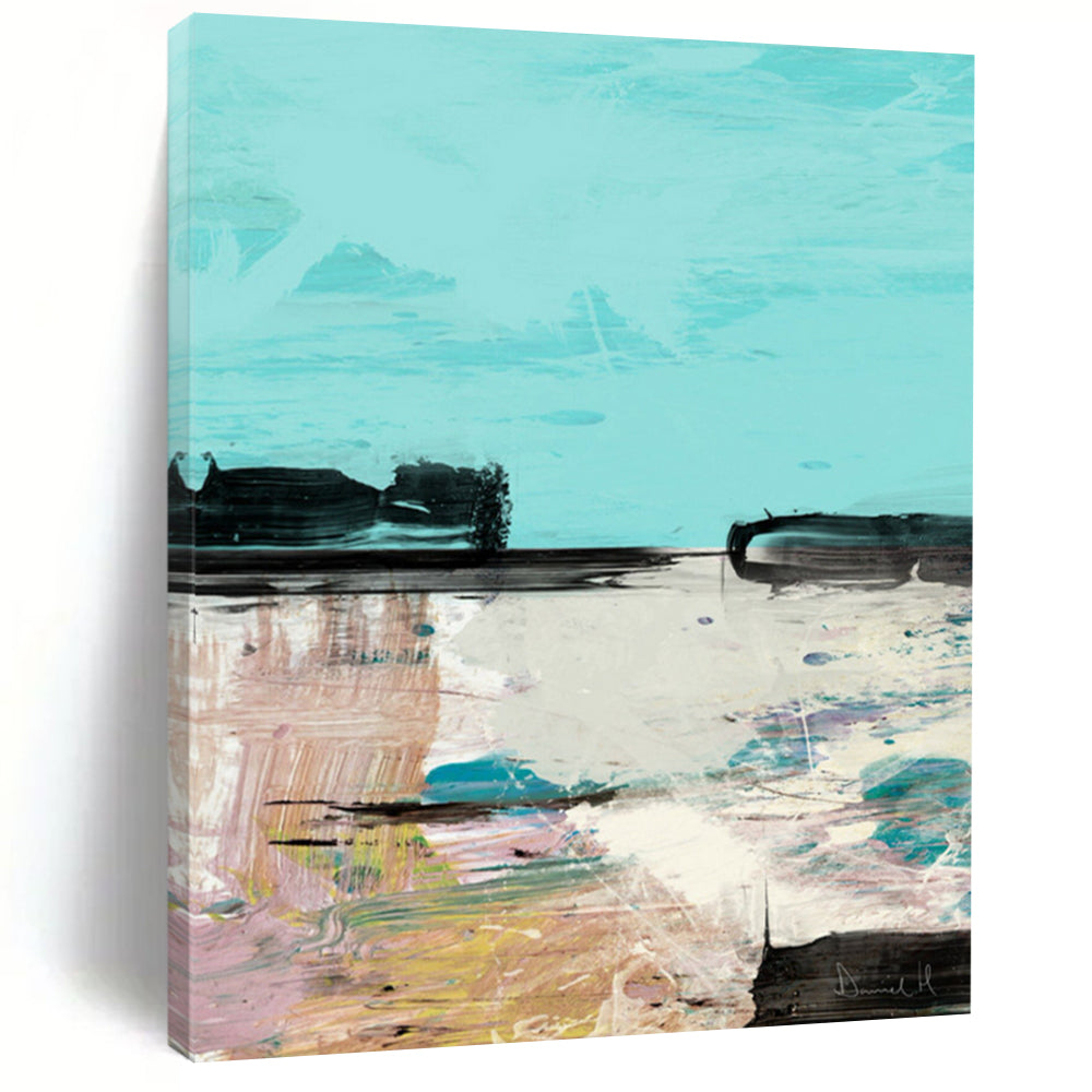“Abstract Coastal Scene” - Turquoise Sky & Colorful Shoreline Painting On Canvas DS197