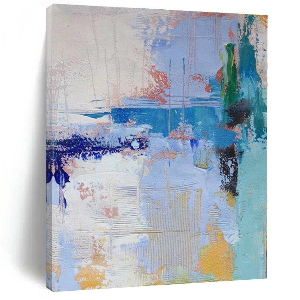 Blue, Green, Yellow, White with Playful Strokes "Seaside Crayon" Abstract Painting On Canvas PS1386