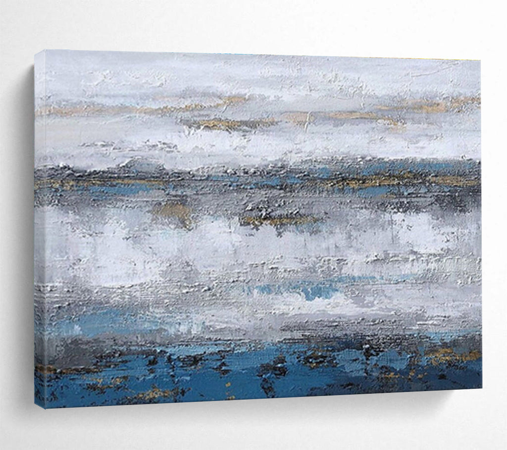 “Blue and Gold Abstract Horizon” - Abstract Horizon Painting, Fits Living Room & Office Lobby DKS609