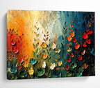 “Sunset Garden Fantasia” - Orange, Green & Red Floral, Textured Flower Palette Knife Painting On Canvas DKS687