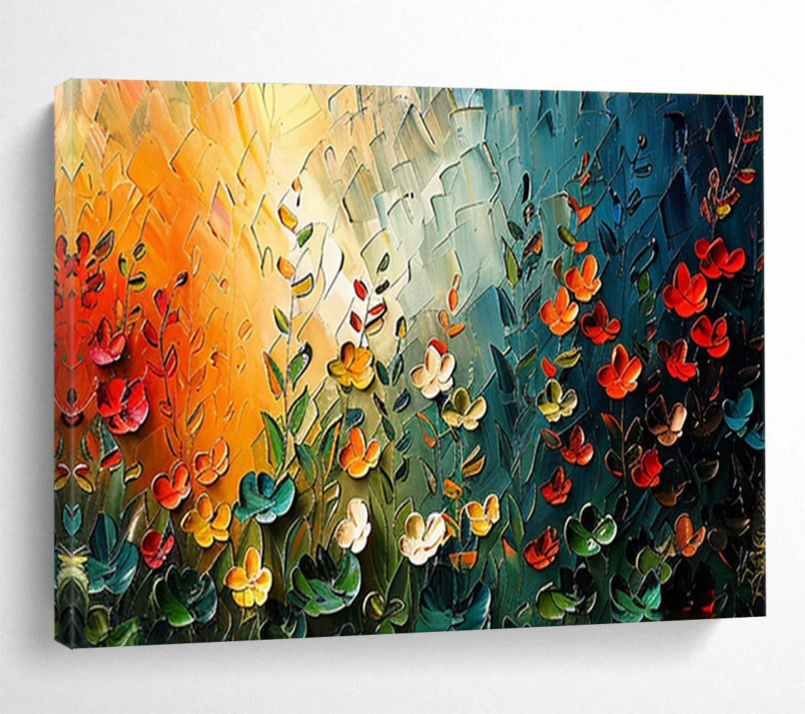 “Sunset Garden Fantasia” - Orange, Green & Red Floral, Textured Flower Palette Knife Painting On Canvas DKS687