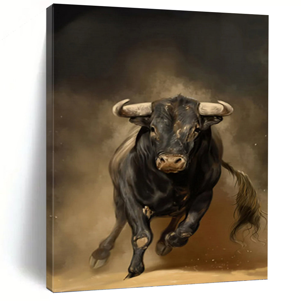 “Powerful Black Bull in Motion” - Realist - Inspired Animal Painting On Canvas PT1409