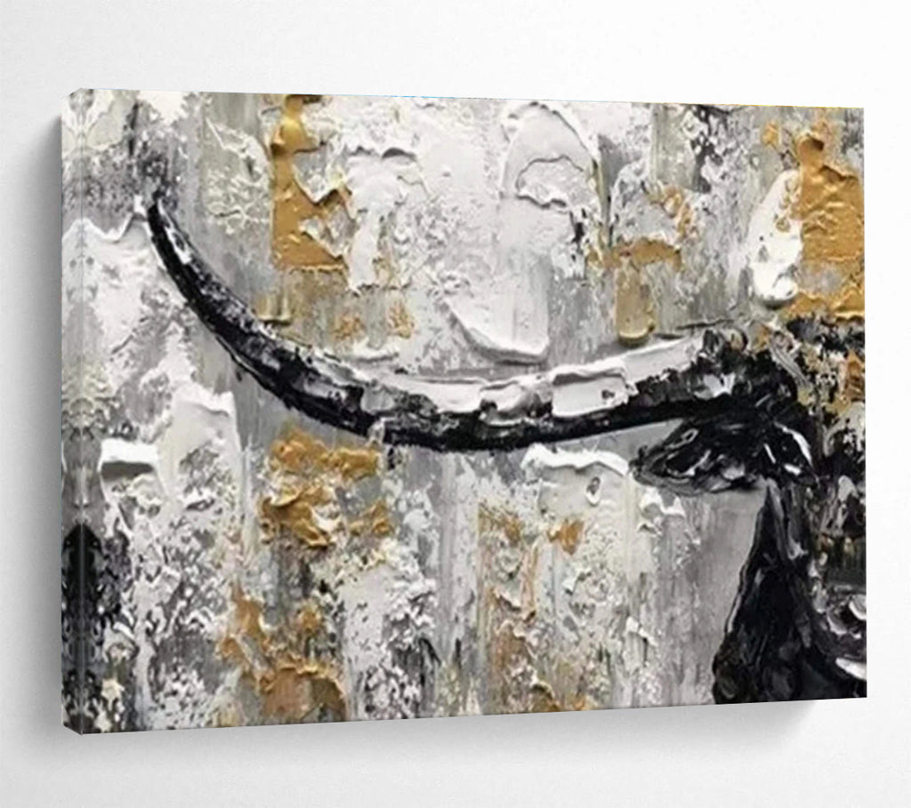 Textured Bull Head in Gold and Gray - Expressive Animal Painting On Canvas DKS336