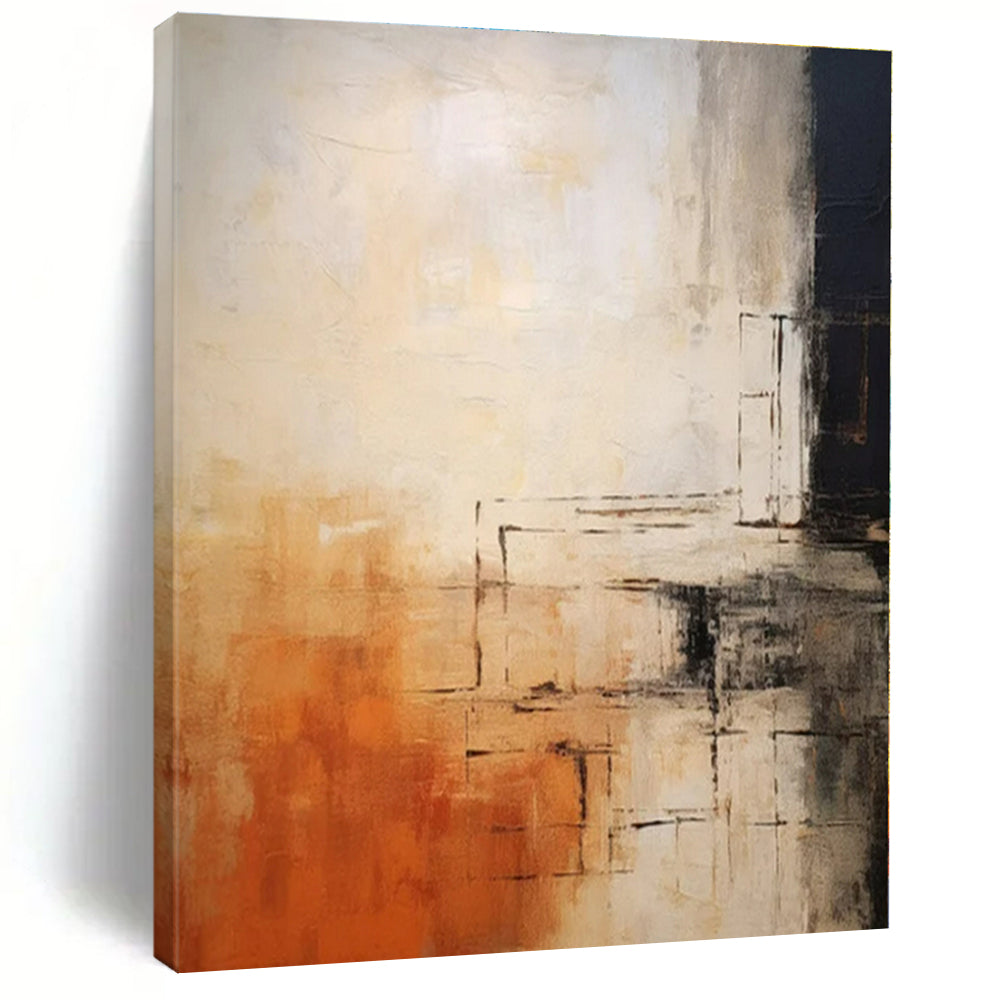 Beige, Orange, Black with Geometric Lines "Geometric Sunset" Abstract Painting On Canvas PS1335