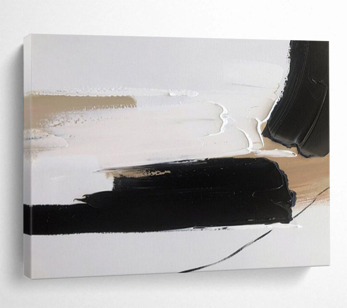 “Black - Beige Minimalist Strokes” - Minimalist Abstract Painting On Canvas PT1563