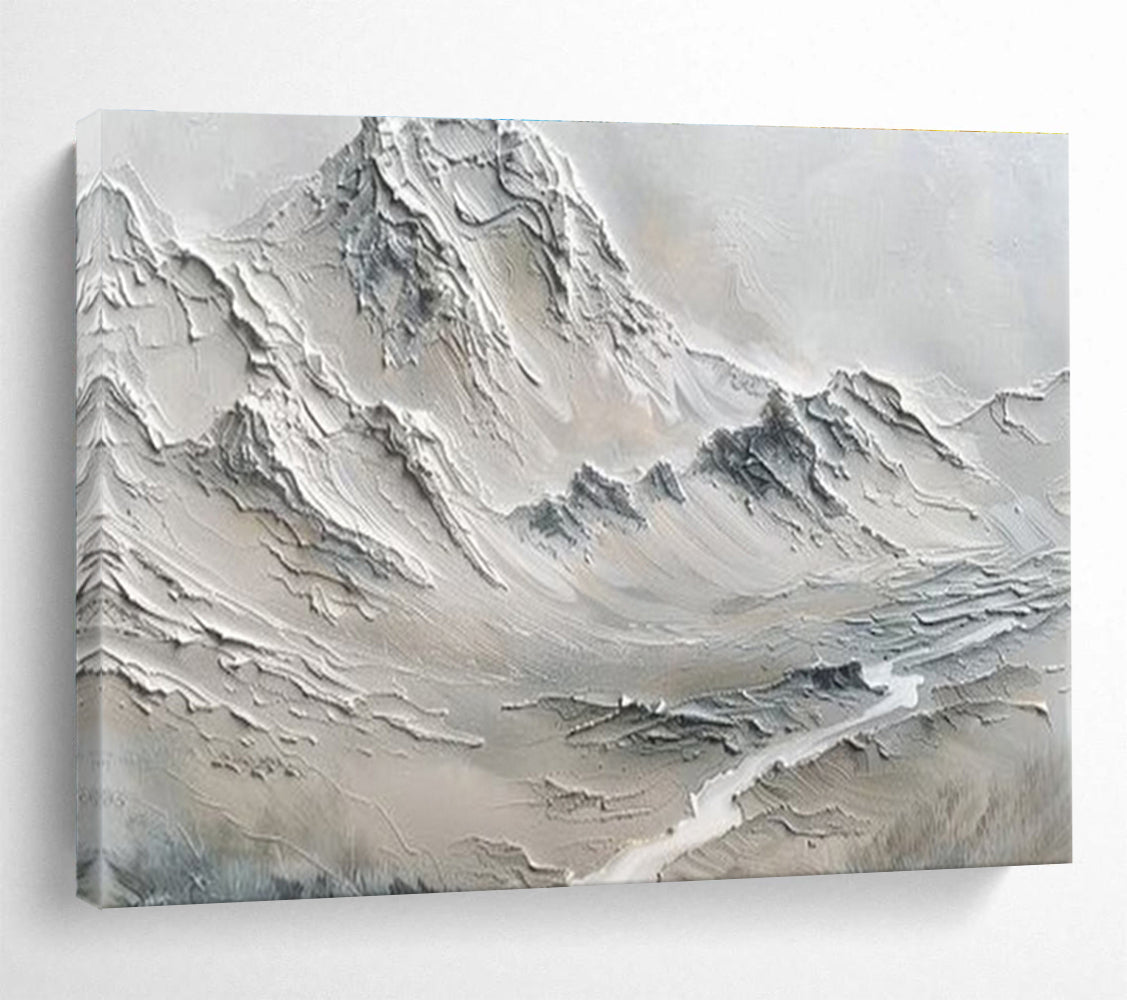 “Monochrome Textured Mountains” - Minimalist Sculptural Painting On Canvas DKS457
