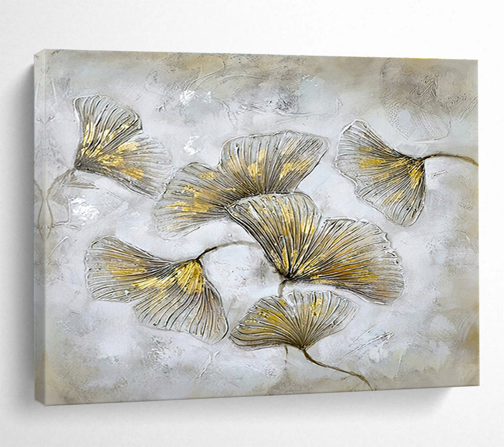 “Gilded Ginkgo Leaves” - Gray, Gold & White Floral, Mixed - Media Painting On Canvas DKS790