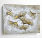 “Gilded Ginkgo Leaves” - Gray, Gold & White Floral, Mixed - Media Painting On Canvas DKS790