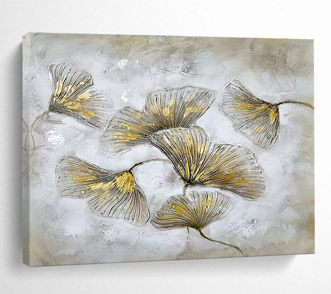 “Gilded Ginkgo Leaves” - Gray, Gold & White Floral, Mixed - Media Painting On Canvas DKS790