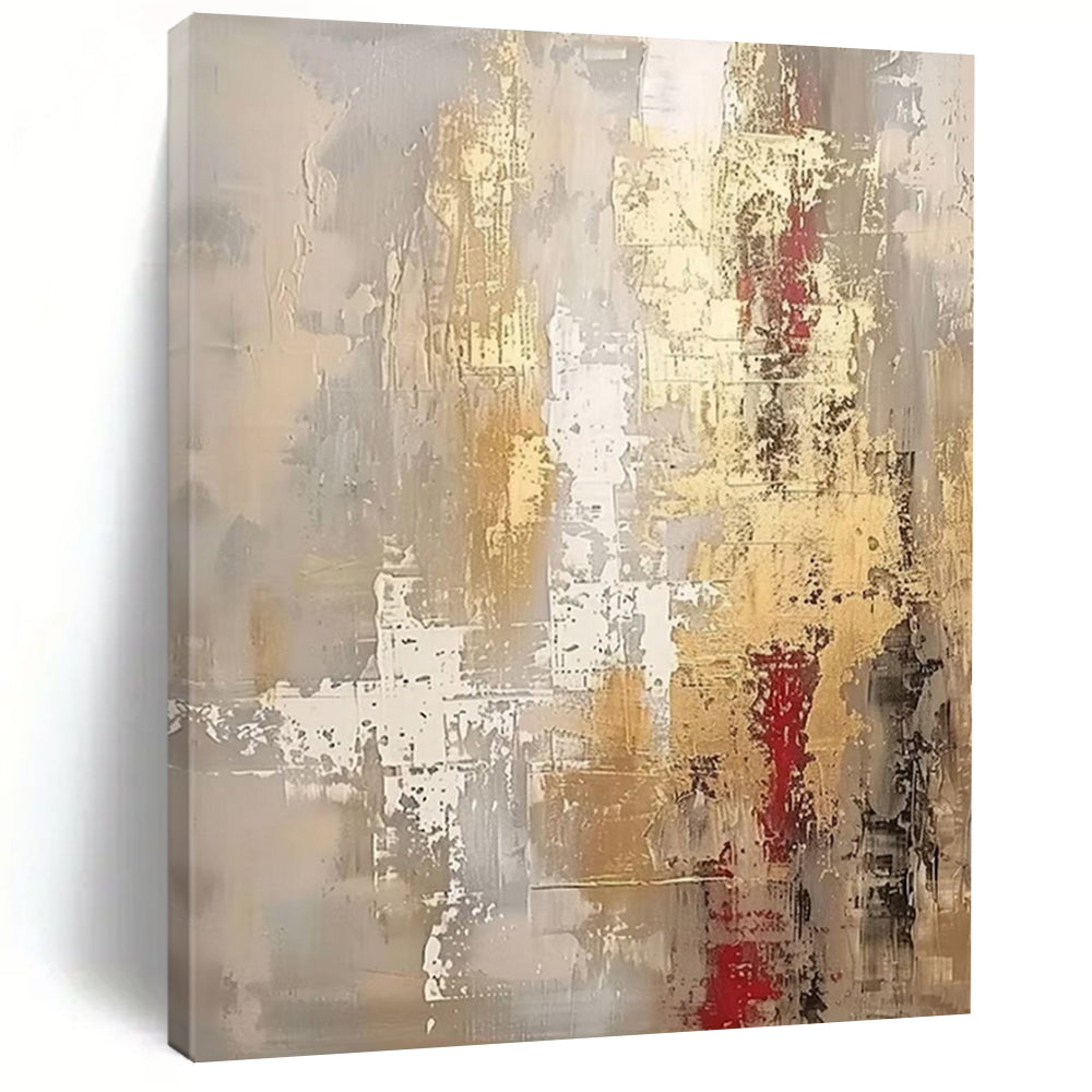 Gray, Gold, White, and Red (Repeat), "Echoes of Gilded Ruins" – Abstract Painting On Canvas PS1022
