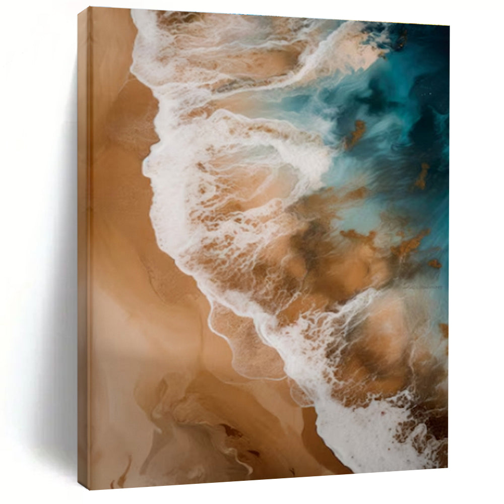 “Aerial Beach View” - Blue, Brown, White Abstract Aerial Seascape Painting PS0766