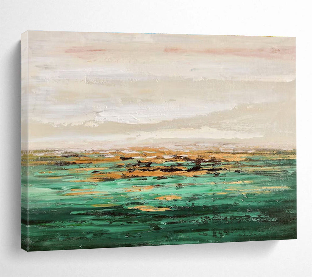 Teal Gold Repeat: Teal, Gold & Beige Abstract Landscape Painting for Coastal Villa & Relaxation Lounge DKS648