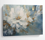 “White Flower with Blue - Gold Background” - Impasto Floral - Painting On Canvas PT1756