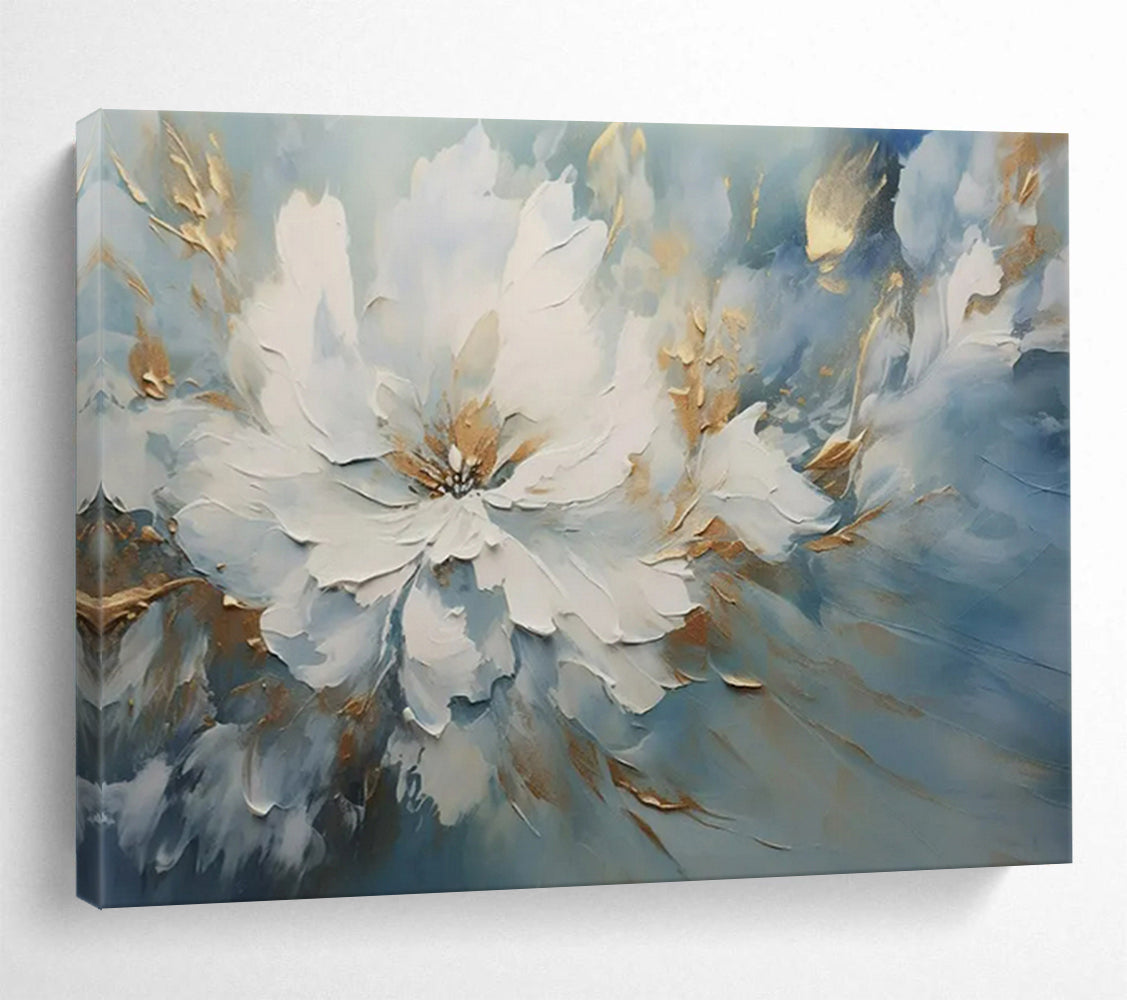 “White Flower with Blue - Gold Background” - Impasto Floral - Painting On Canvas PT1756