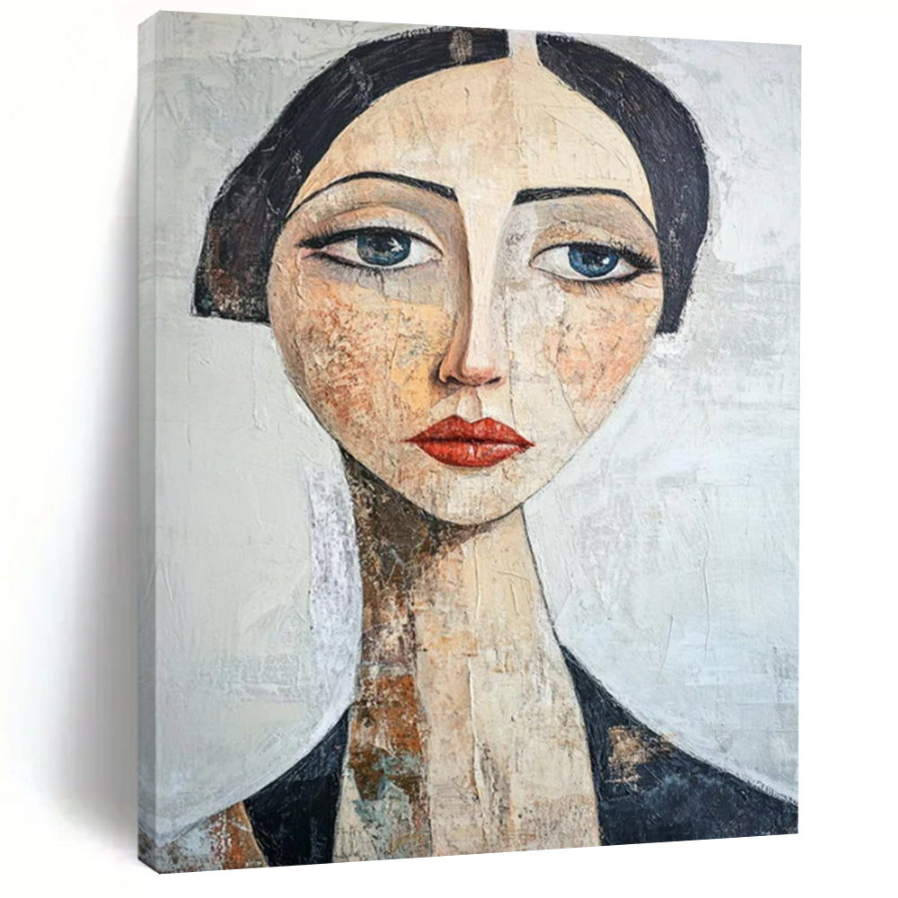 “Textured Portrait in Neutral Tones” - Mixed - Media Portrait Painting On Canvas PT2218