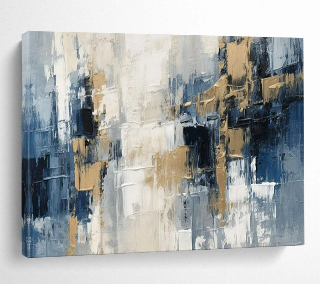 “Blue - Gray Blocks & Gold Accents” - Abstract Cityscape - Painting On Canvas PT1706