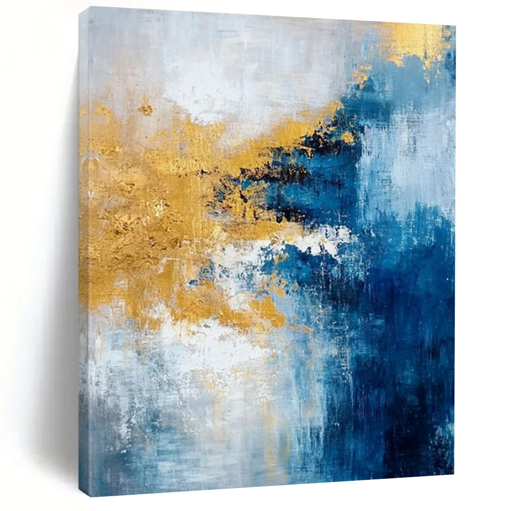 Blue, Gold, Gray, and White Bold, "Luminary Tide" – Abstract Seascape Painting On Canvas PS1009