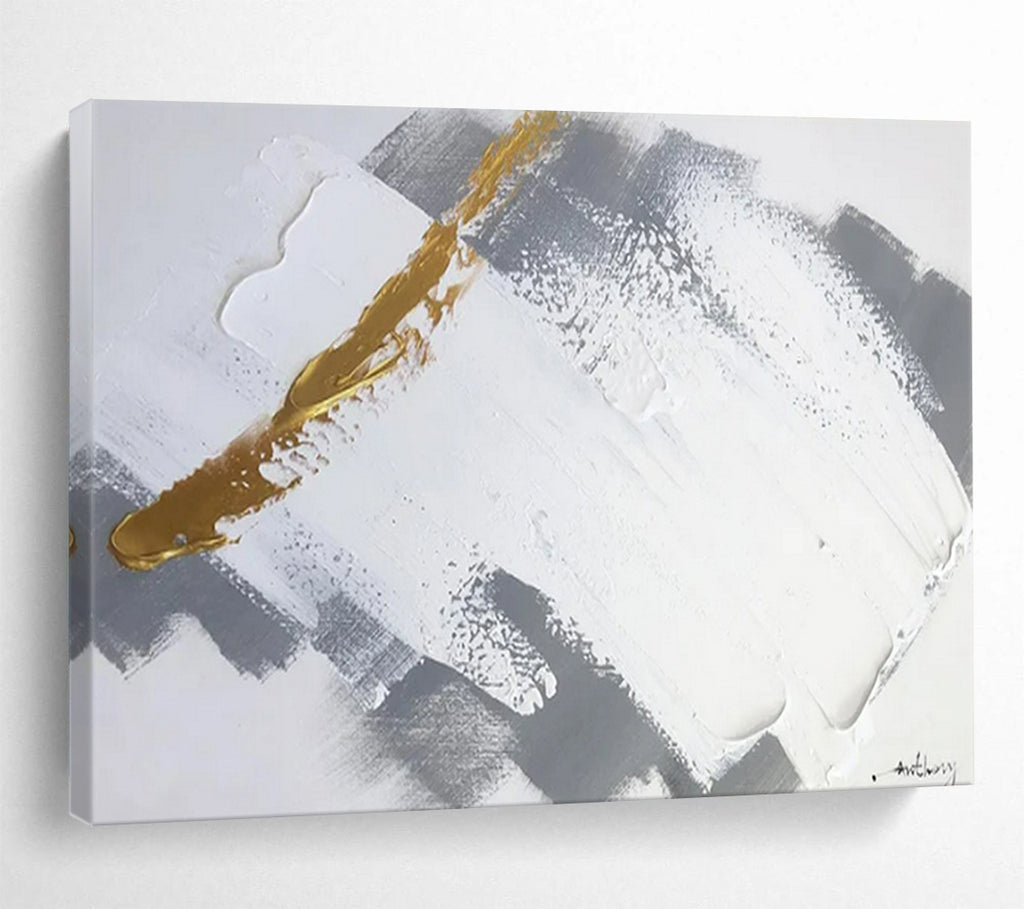 “Gold - Gray - White Geometric Abstract” - Golden - Gray Abstract Painting On Canvas PT1568