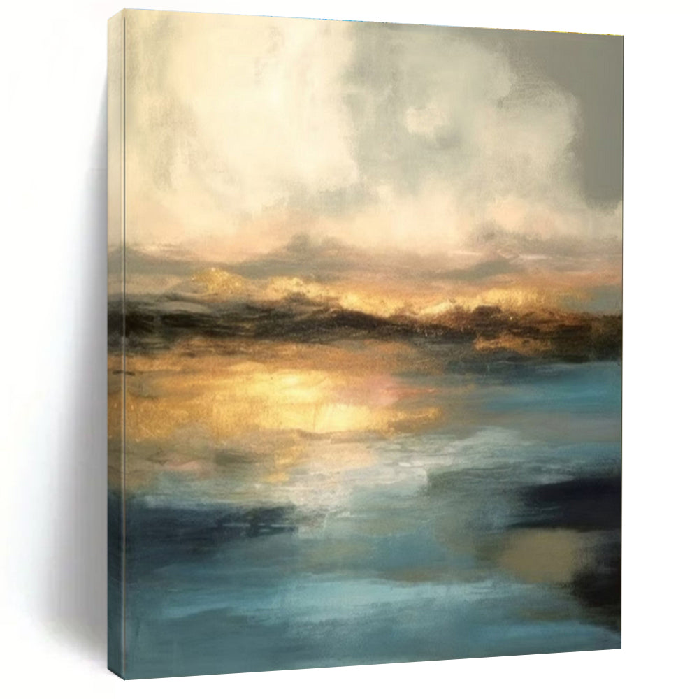 “Golden Horizon” - Blue, Gold, Gray Abstract Landscape Painting On Canvas PS0621