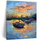 “Colorful Sunset Harbor Boats” - Impressionist Maritime Painting On Canvas PT1882