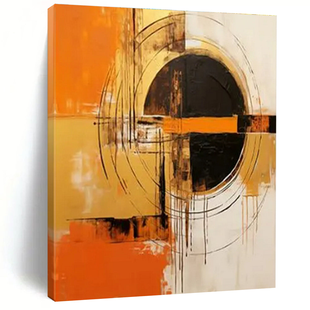 Orange, Gold, Black & White Geometric Abstract "Solar Pulse" Painting On Canvas PS0853