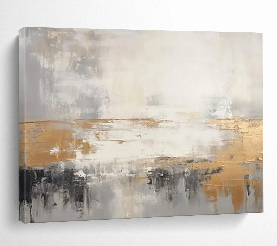 “Gray, Gold, and White Abstract Horizon” - Minimalist Abstract Painting On Canvas PT108