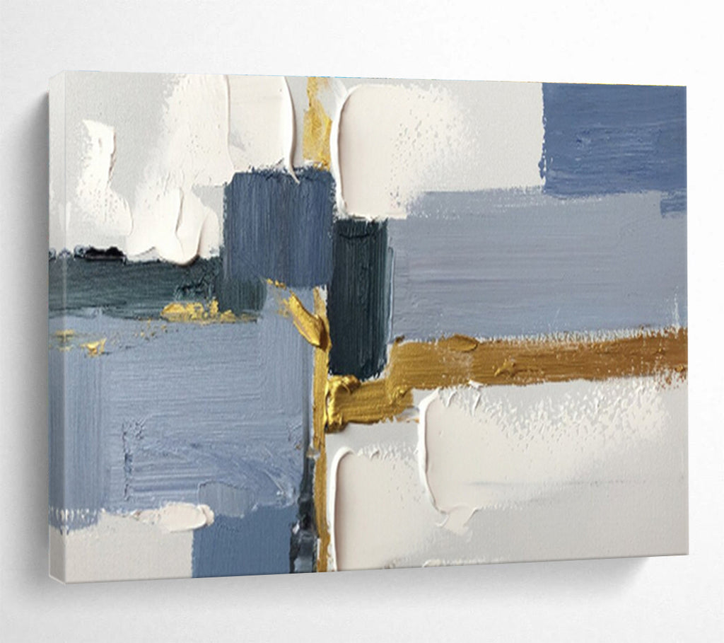 Blue - Gray Blocks with Gold Accents - Minimalist Abstract Painting On Canvas DKS311