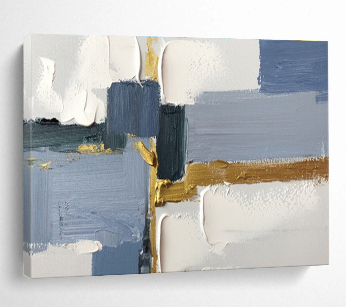 Blue - Gray Blocks with Gold Accents - Minimalist Abstract Painting On Canvas DKS311