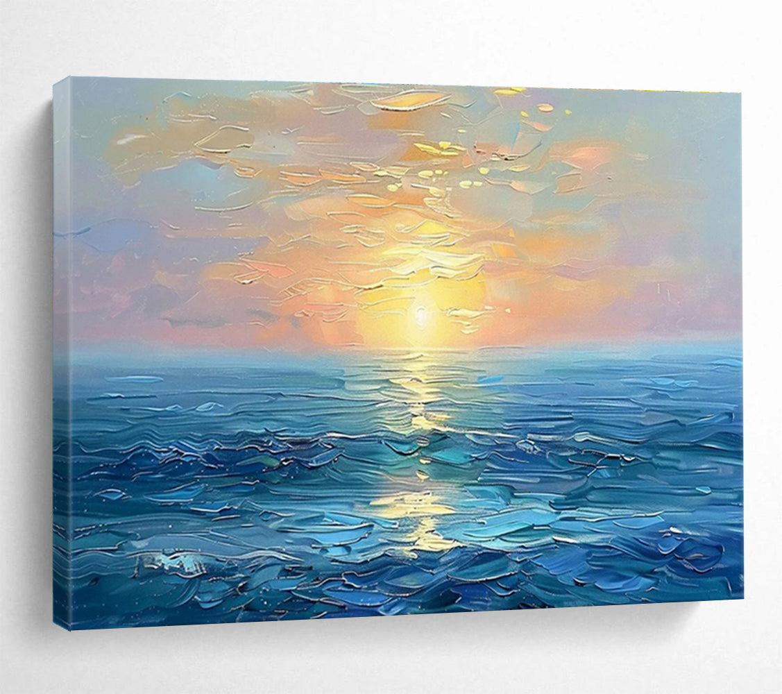 “Serene Sunset Sea” - Blue, Orange & Yellow Seascape, Expressive Oil Painting On Canvas DKS767