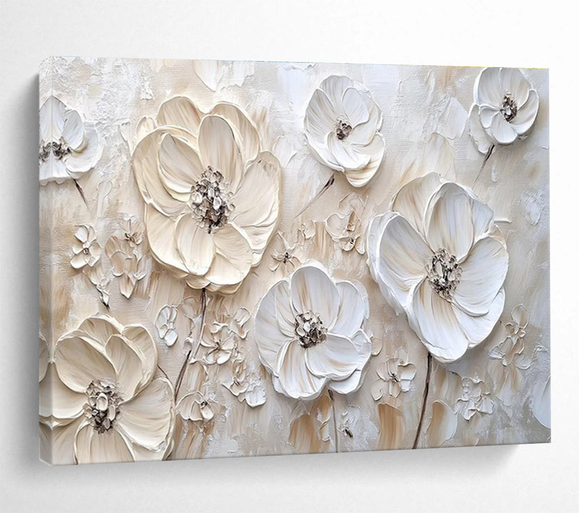 “3D Cream - White Floral Relief” - Impasto Oil Painting on Canvas DKS906