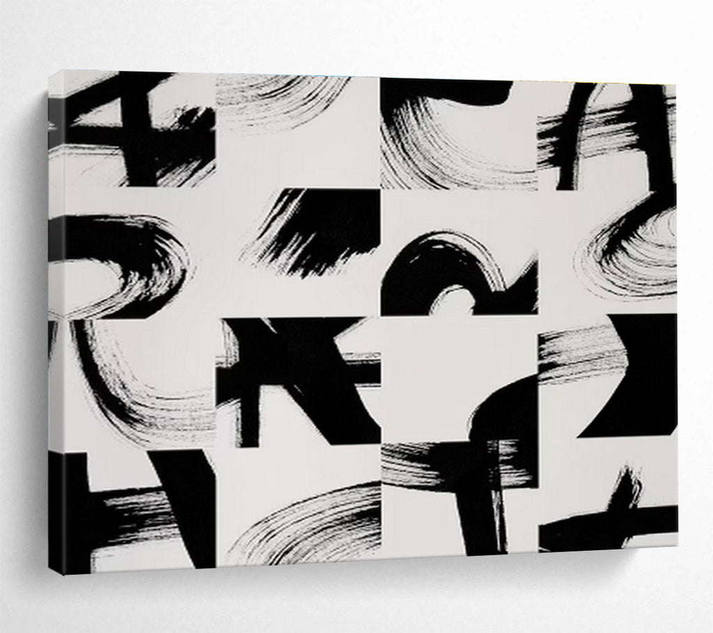 “Geometric Black - White Brushstrokes” - Modern Abstract Painting On Canvas DKS447
