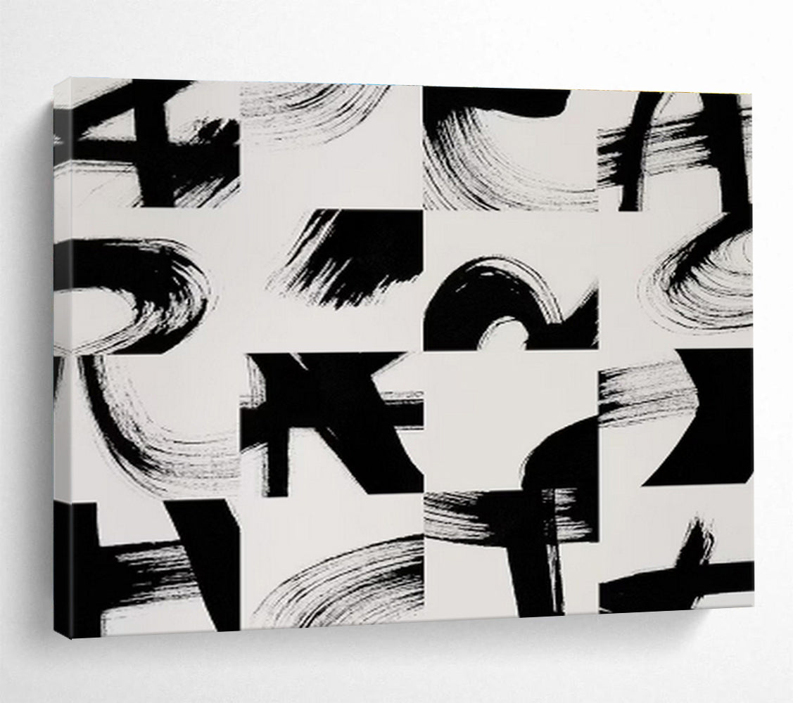 “Geometric Black - White Brushstrokes” - Modern Abstract Painting On Canvas DKS447