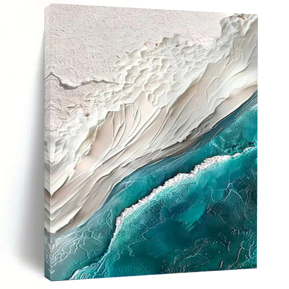 “White - Teal Textured Coast” - Impressionist - Inspired Seascape Painting On Canvas PT1394