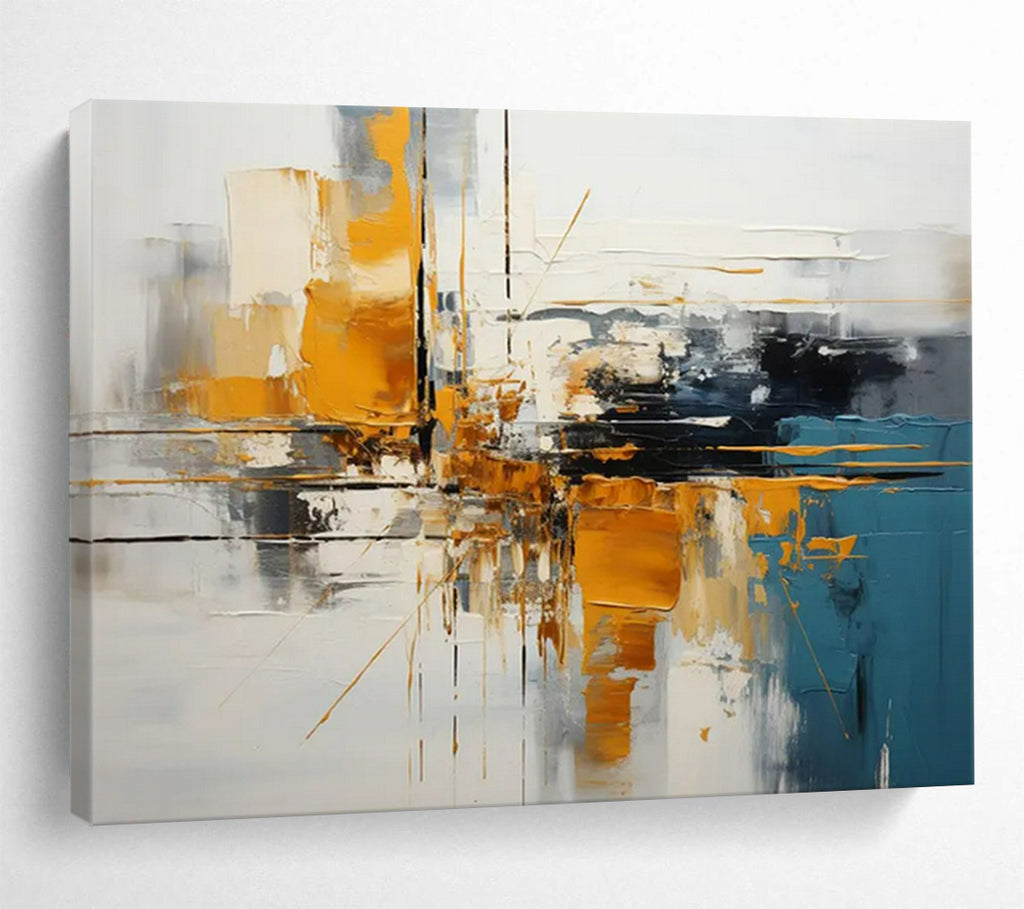 “Gold - Blue Abstract Cityscape” - Abstract Modernist - Painting On Canvas PT1753