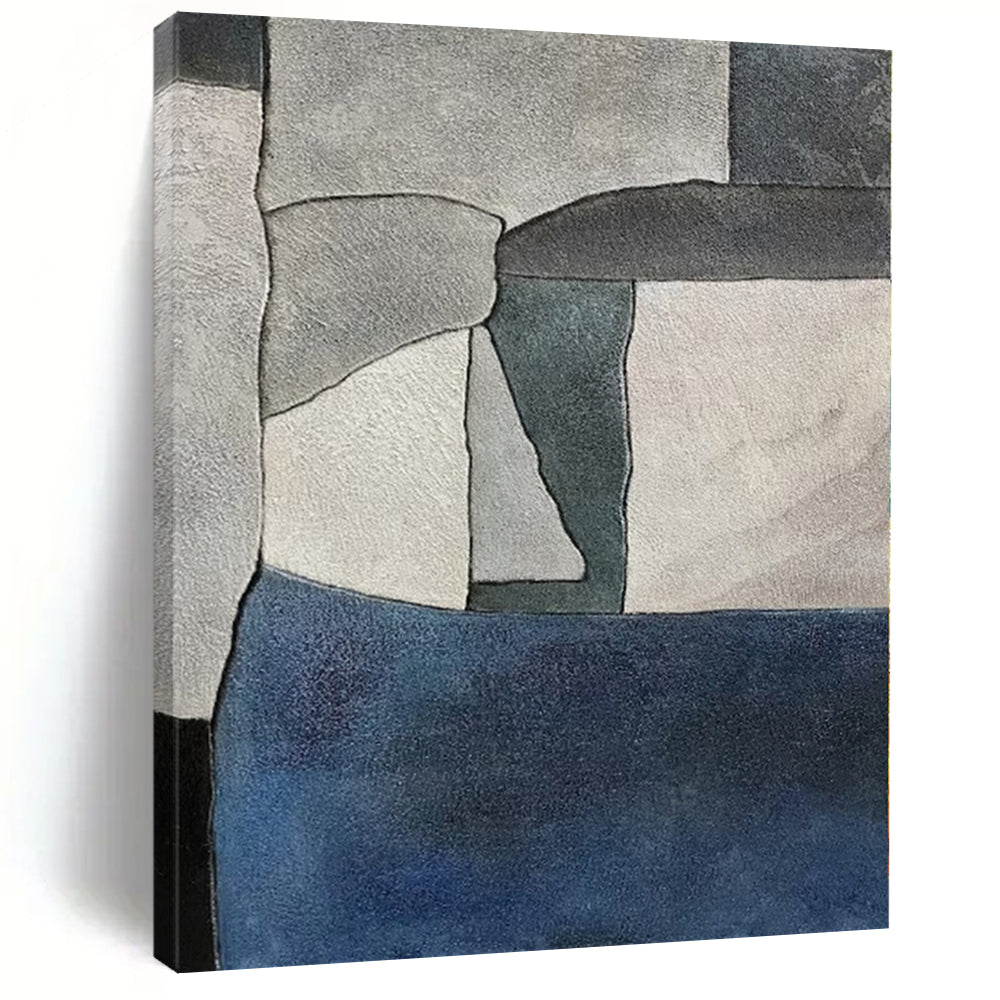 “Gray Block Harmony” - Gray, Blue Abstract Geometric Painting On Canvas PS0386