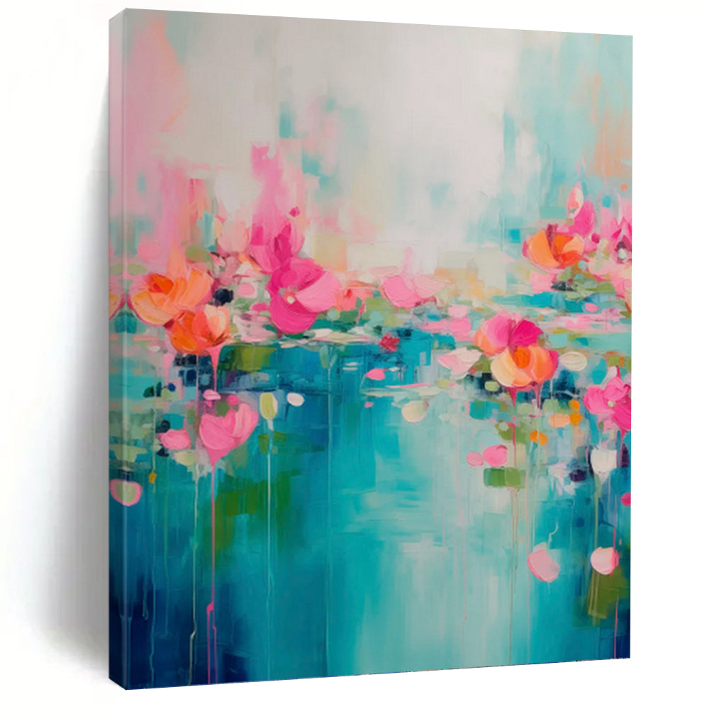 “Pink, Orange, and Blue Floral Abstract” - Impressionistic Flower Painting On Canvas PT0993