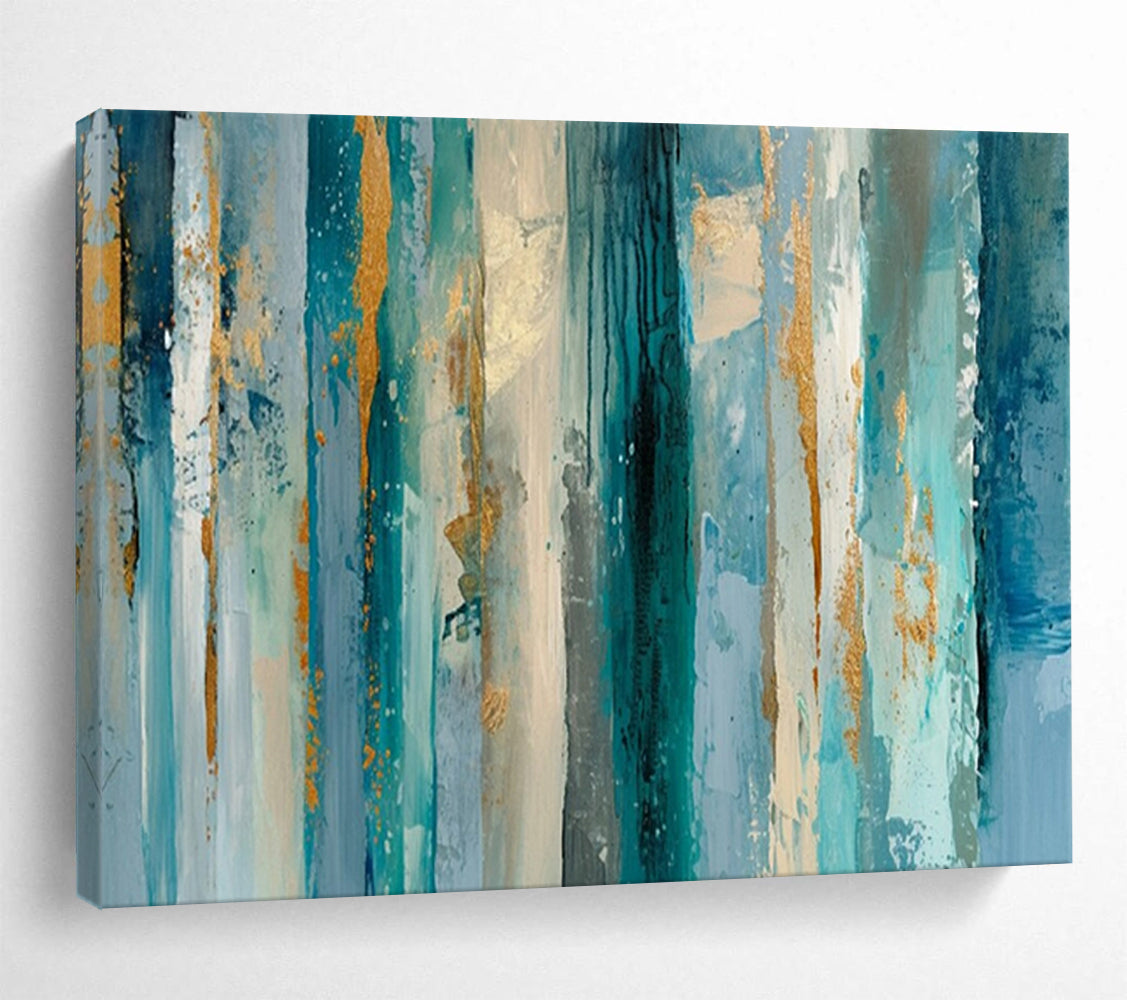 “Teal - Blue Stripes & Gold Flecks” - Abstract Textured - Painting On Canvas PT1715