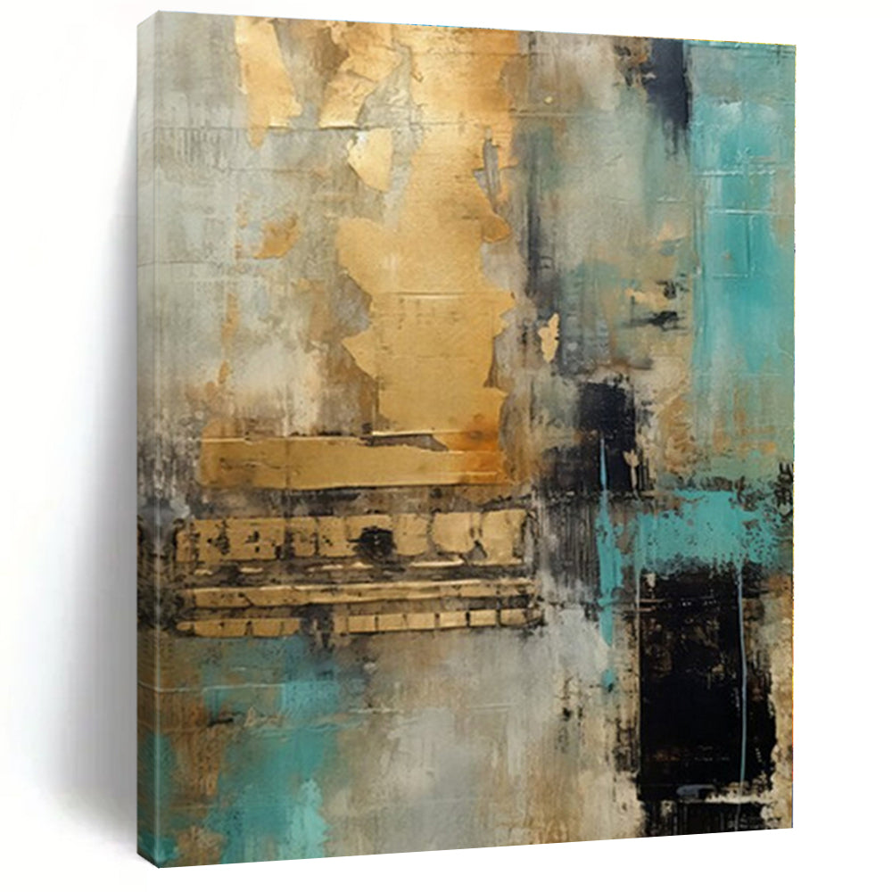 Gold, Teal, Gray with Textured Layers "Gilded Teal Dream" Abstract Painting On Canvas PS1281