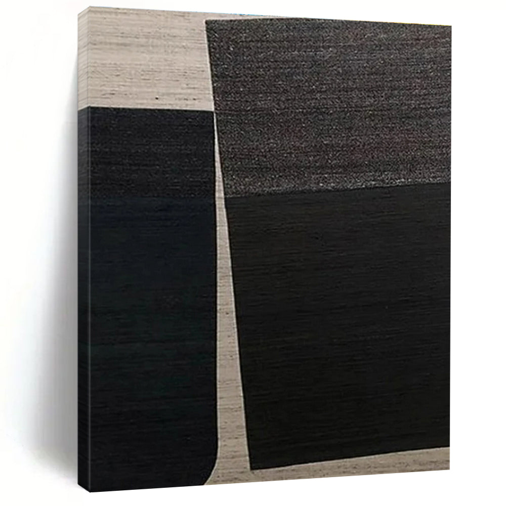 “Black & Beige Minimalism” - Black, Beige Abstract Geometric Painting On Canvas PS0660