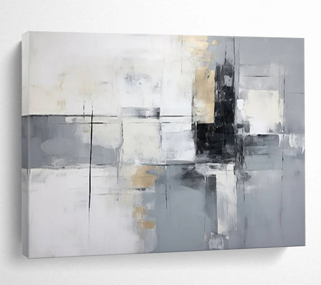 “Gray - Gold - White Abstract Grid” - Metallic - Gray Abstract Painting On Canvas PT1574