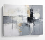“Gray - Gold - White Abstract Grid” - Metallic - Gray Abstract Painting On Canvas PT1574