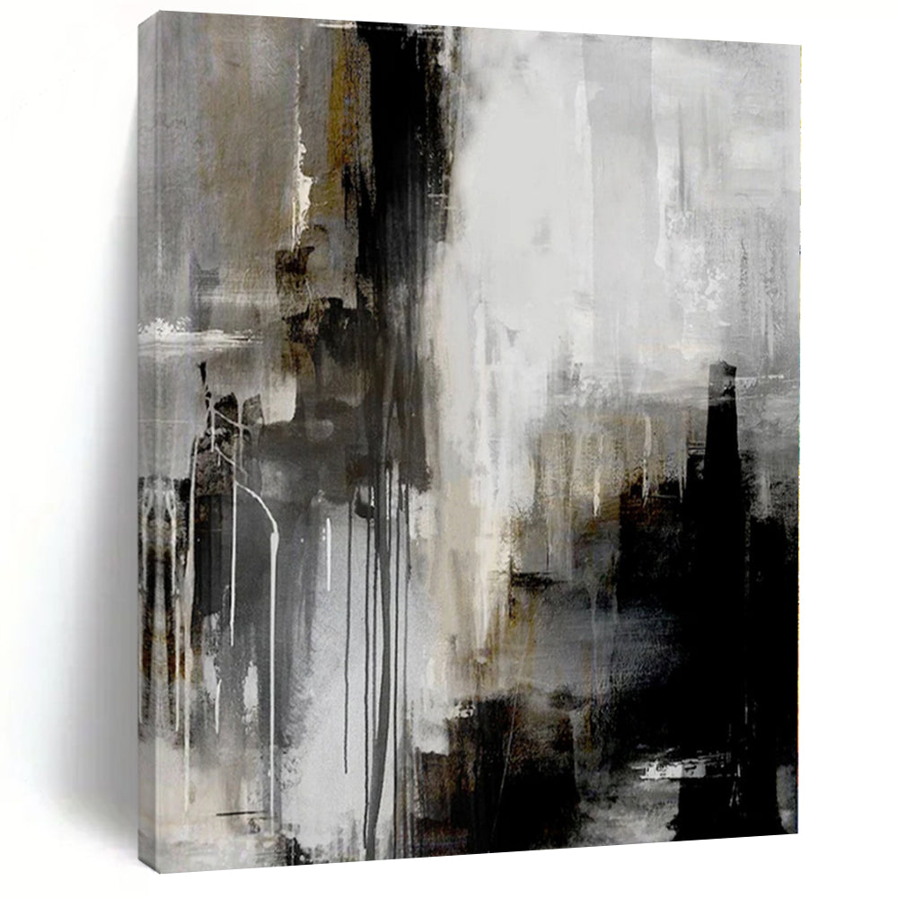 Gray, Black, White and Gold with Dynamic Drips "Urban Erosion" Abstract Painting On Canvas PS1156