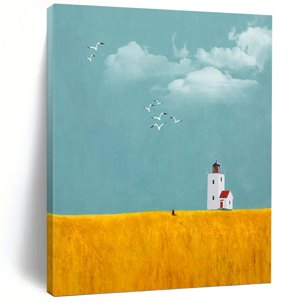 “Lighthouse in Yellow Field” - Minimalist - Inspired Landscape Painting On Canvas PT1429