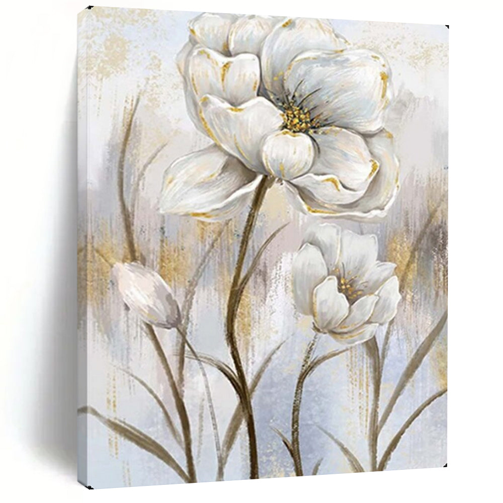 White Flowers with Gold Accents, Van Gogh - Inspired Brushwork, Floral Painting On Canvas PT2124