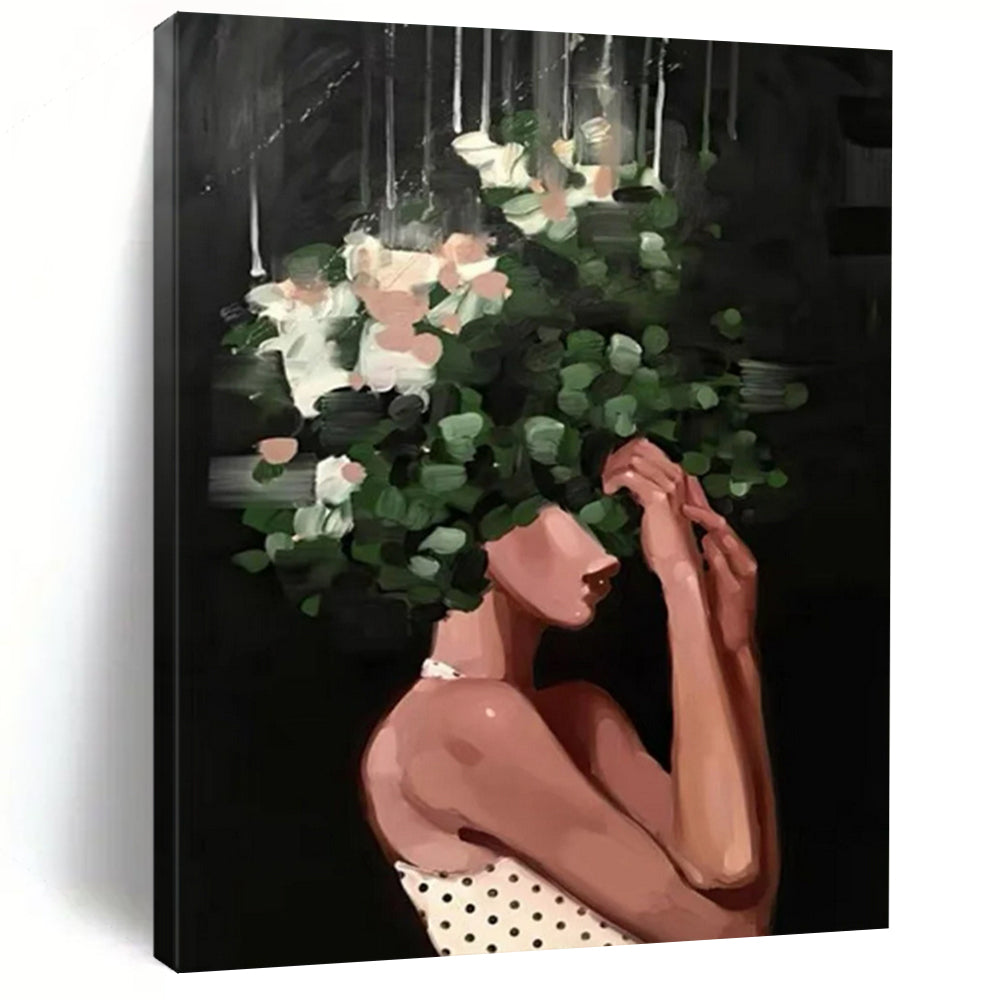 “Black, Green, and White Floral Head” - Elegant Figurative Painting On Canvas DS323