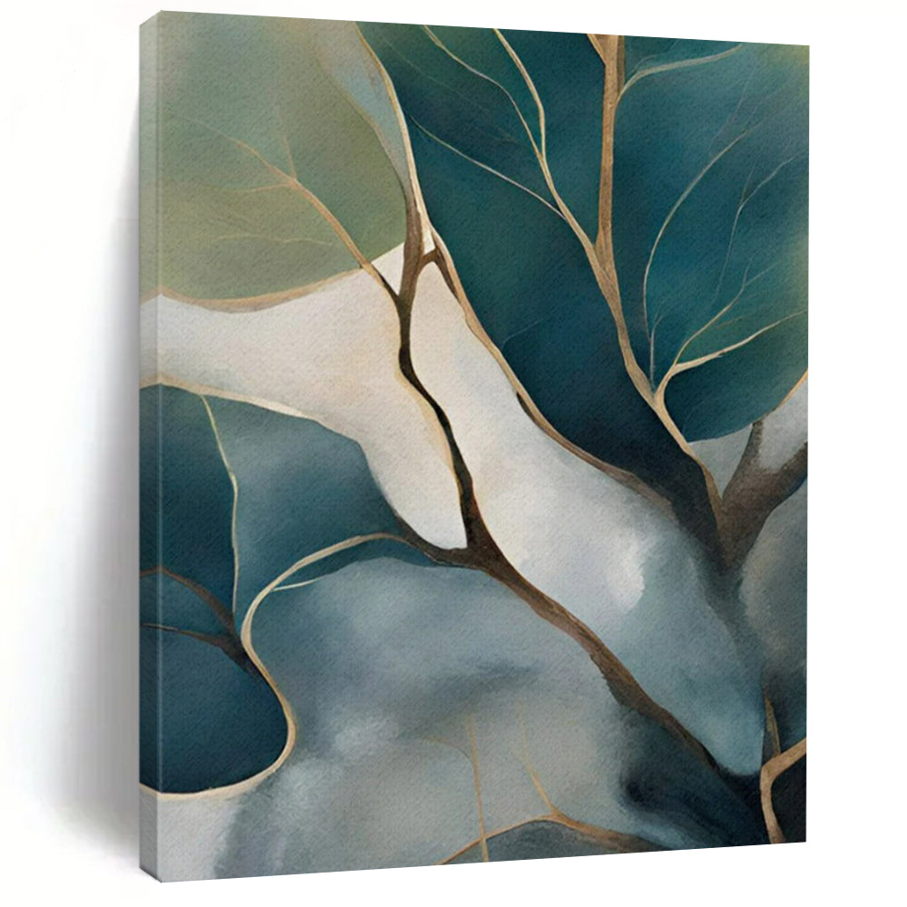“Teal and Gold Leafy Branches” - Botanical Watercolor - Style Painting On Canvas PT2253