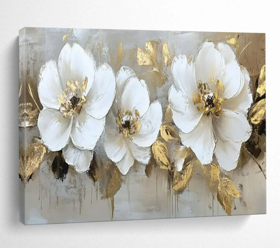 “White Blooms & Gold Foliage” - Floral Impasto - Painting On Canvas PT1705