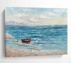 “Red Boat Coastal Calm” - Seaside Landscape Painting On Canvas PT224