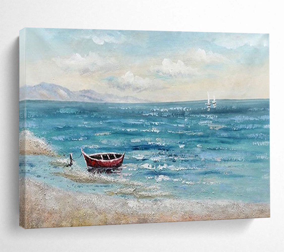 “Red Boat Coastal Calm” - Seaside Landscape Painting On Canvas PT224